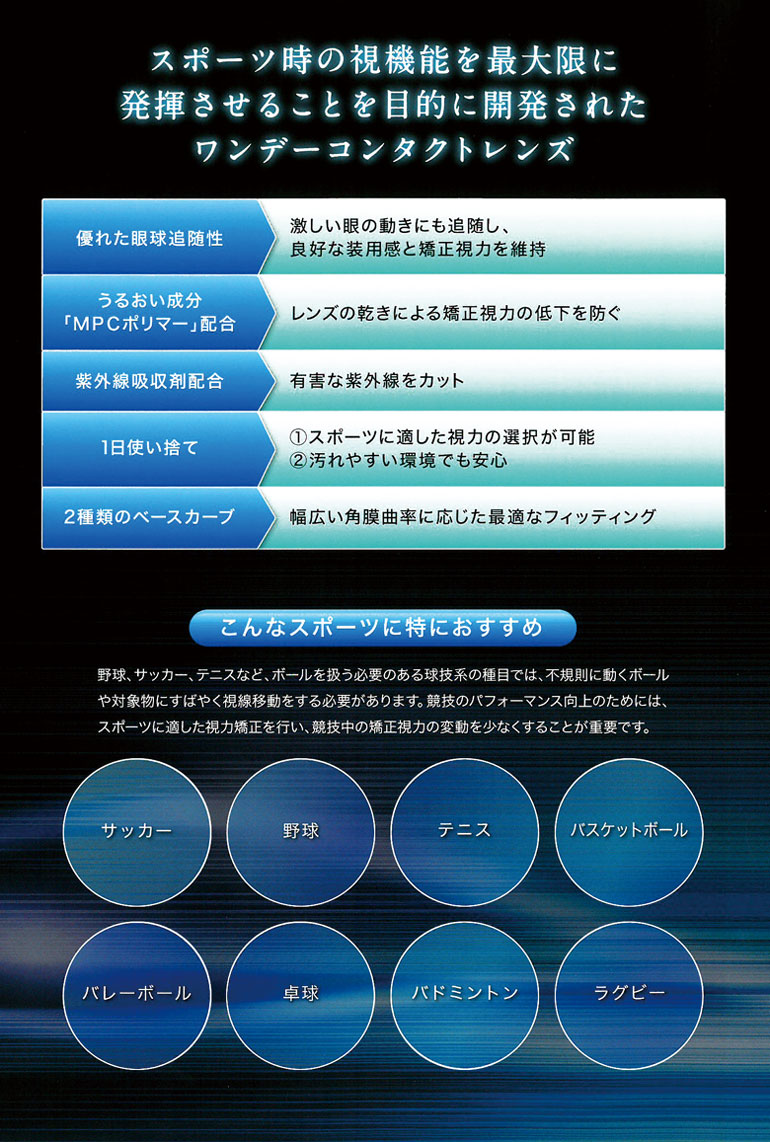スポーツビューワンデーはスポーツ時の視機能を最大限に発揮させることを目的に開発されたワンデーコンタクトレンズです